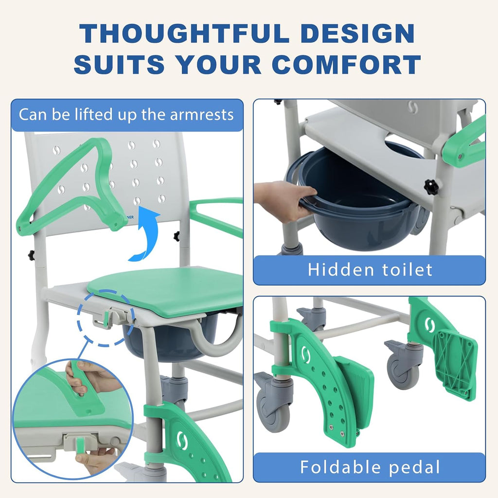 4 in 1 Rolling Shower Chair with Wheels for Elderly and Disabled, Shower Wheelchair with Flip-Up Arms & 4 Locking Wheels, Adjustable Footrests, Bedside Commode, Fits Over Toilet, Green