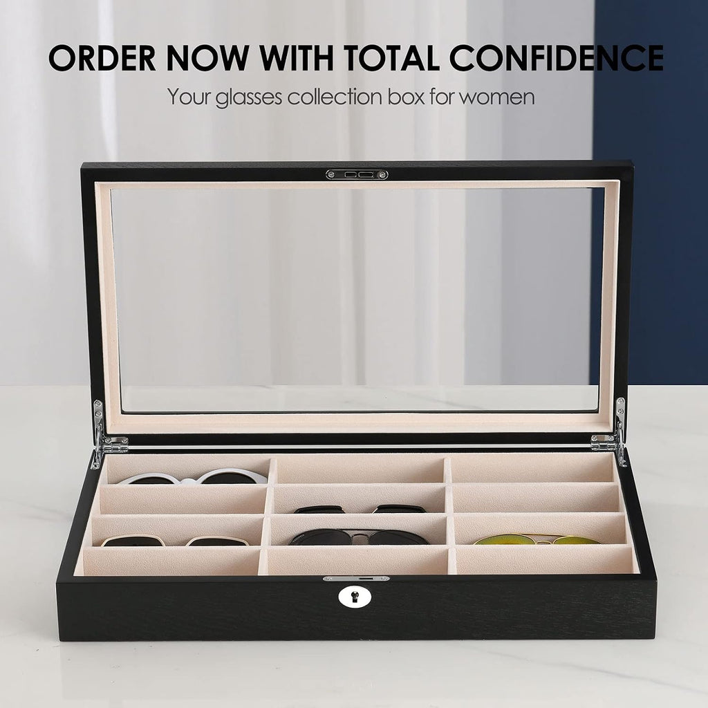Sunglasess Organizer 12 Slot Wood Glasses Case for Women Men, Eyeglasses Storage Box, Sunglasses Holder Display
