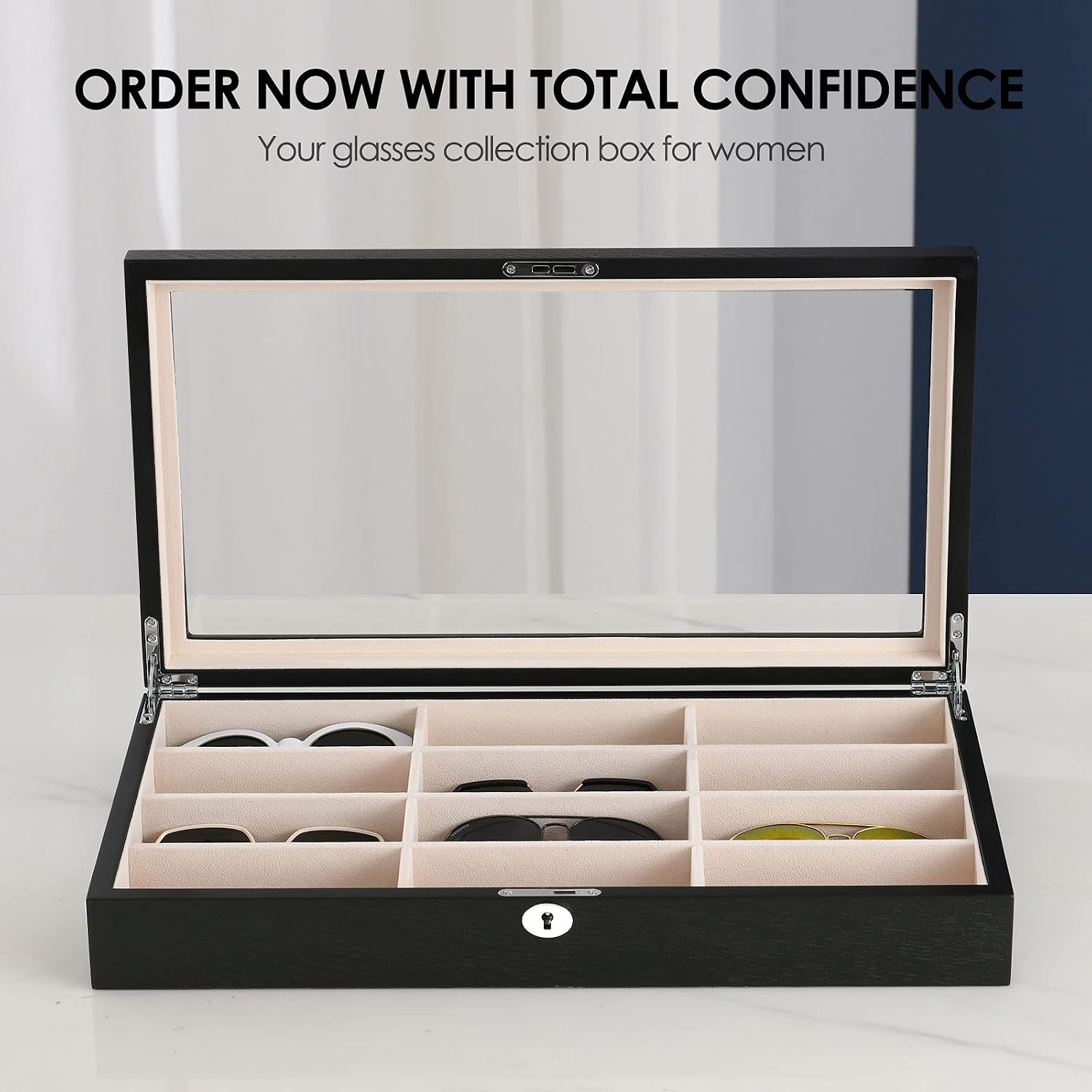 Sunglasess Organizer 12 Slot Wood Glasses Case for Women Men, Eyeglasses Storage Box, Sunglasses Holder Display