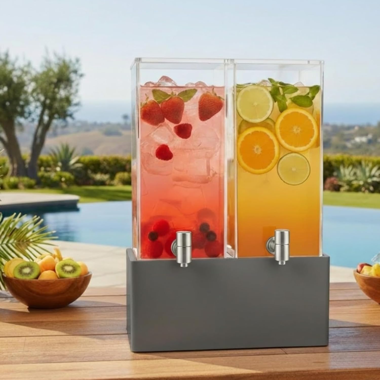 1.25 Gallon Dual Acrylic Beverage Dispenser with Gray Metal Stand – 2-Drink Server with Ice Chambers & Stainless Steel Spouts