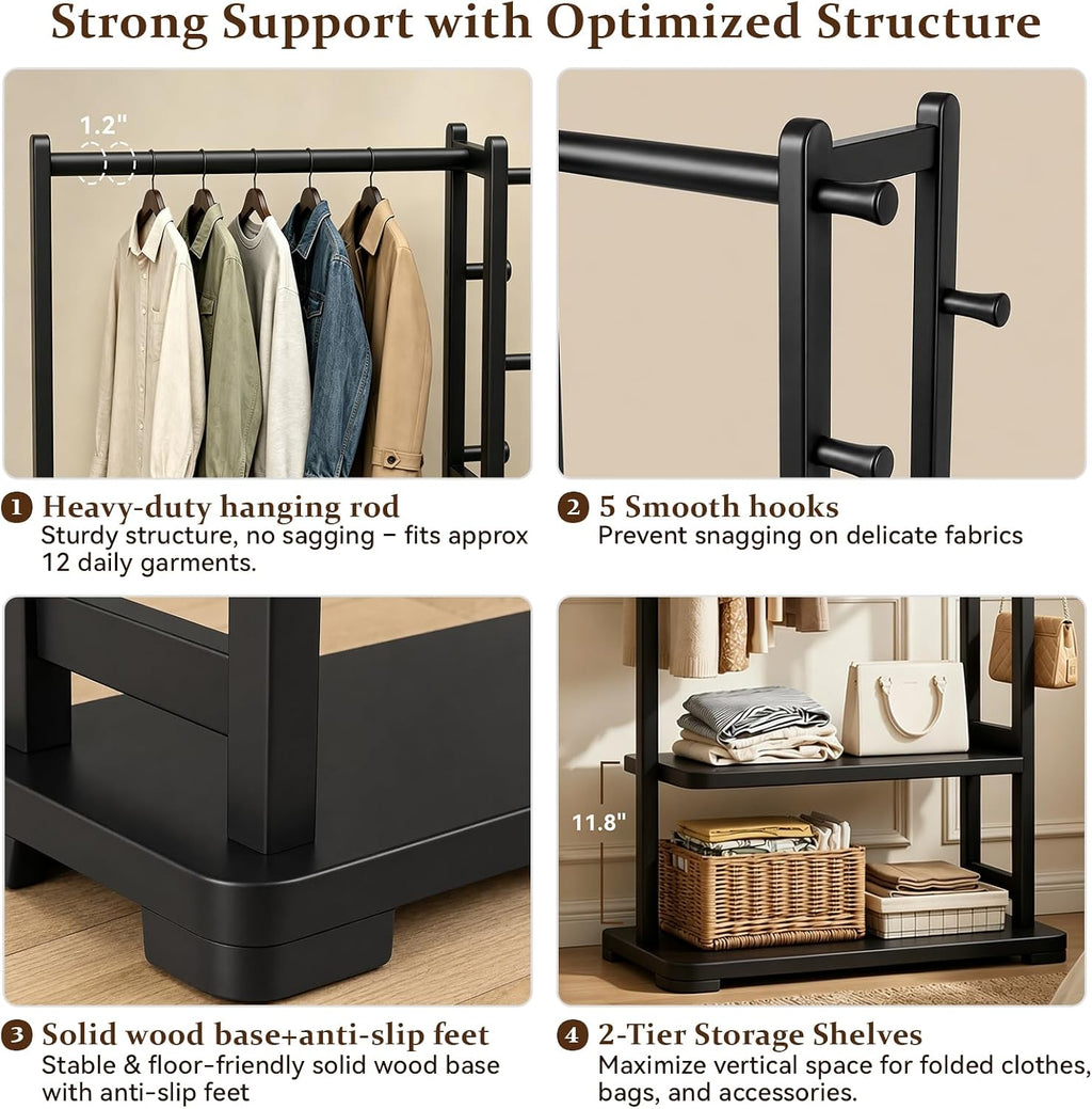 Solid Wood Clothes Rack with 2 Shelves & 4 Hooks for Hanging Clothes Garment Wallets Hats, Black Clothing Rack Heavy Duty Coat Rack Freestanding with Storage Hall Tree for Hallway Bedroom Living Room