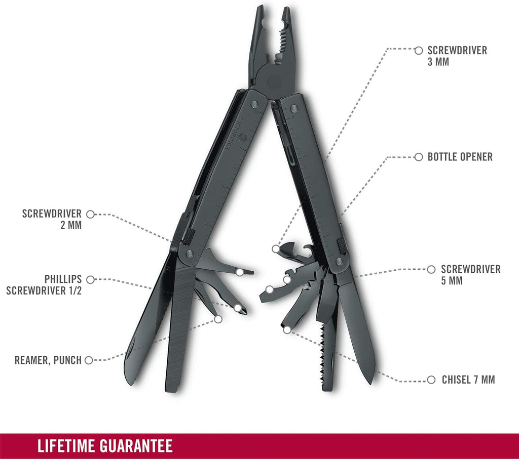 Victorinox Swiss Tool BS, 24 Function Swiss Made MultiTool with 2 Blades (Large and Serrated), 5 Screwdrivers, Pliers and Chisel - Black