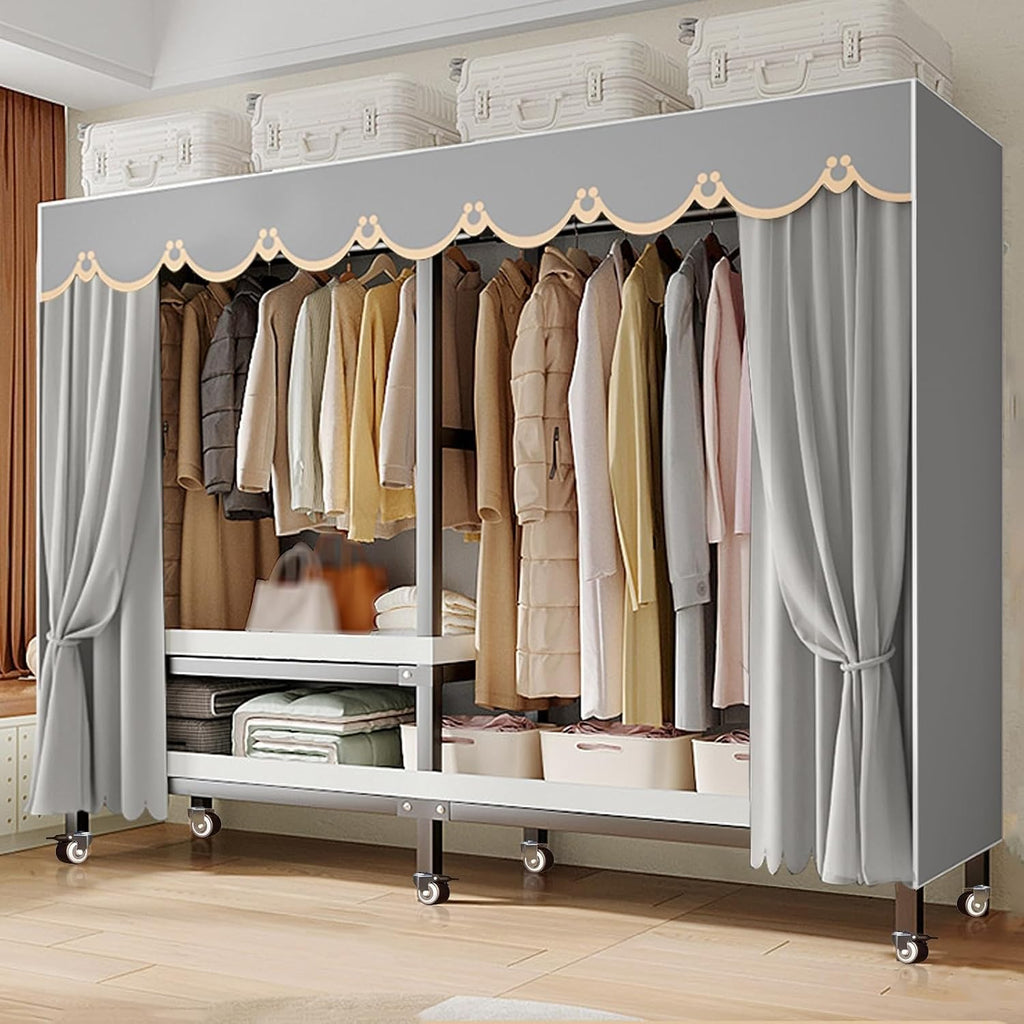 Portable Closet, Wardrobe Clothes Organizer, Heavy Duty Foldable Wardrobe Load 2000lbs, Freestanding Metal Clothing Rack, Rolling Garment Rack With Wheel, Covered Clothes Armoires Bedroom(125*52*180cm