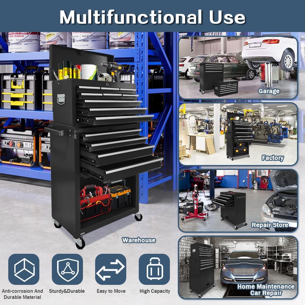 13-Drawer Rolling Tool Chest, 2-in-1 Heavy Duty Detachable Storage Cabinet with Lockable Wheels & Removable Top Box, 600 lbs Capacity for Mechanics, Garage Workshop (BLACK)