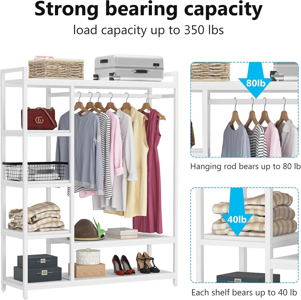 LITTLE TREE Free Standing Wood Closet Clothes Rack,Heavy Duty Grament Rack with Shelves,Hanging Racks for Clothes Clothing Rack for Bedrom,Wardrobe Closet Organizer,350 lb Capacity