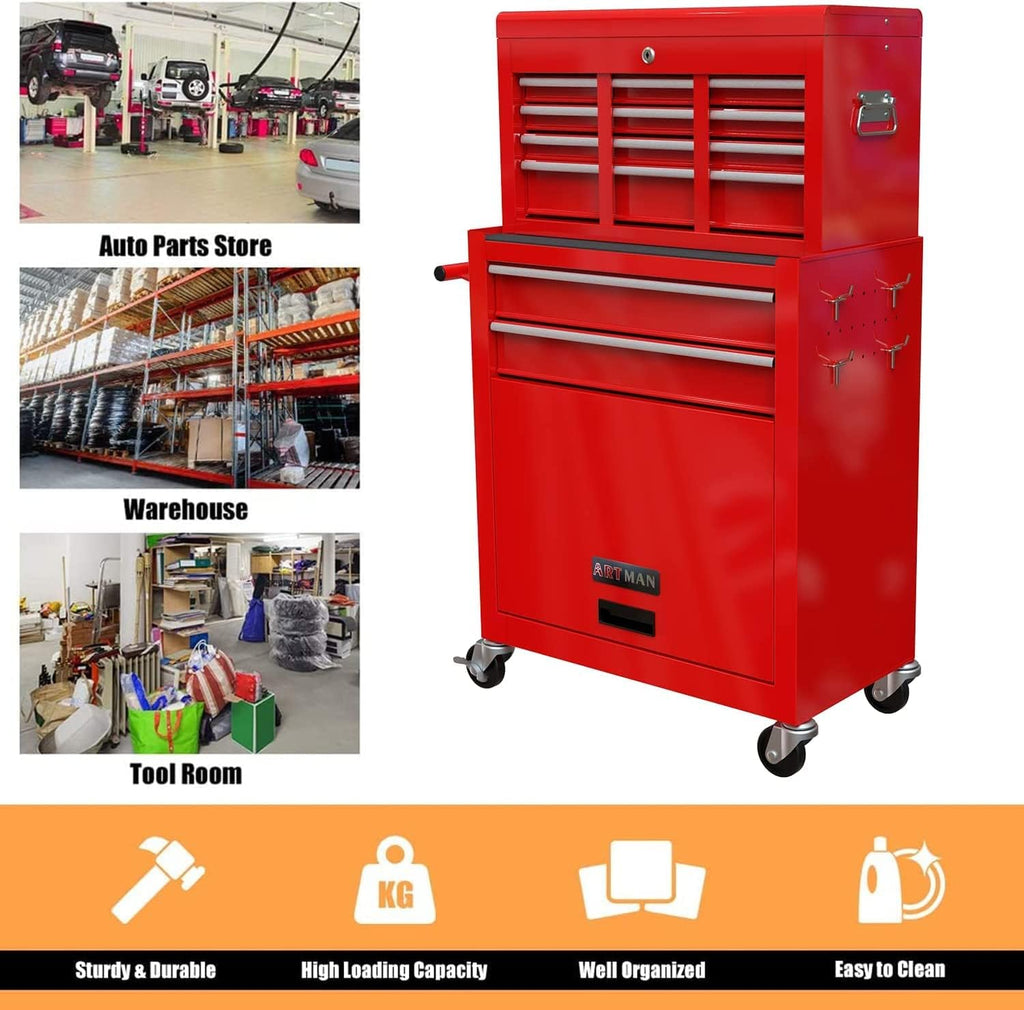 Campfun Rolling Tool Chest with Wheels, 8-Drawer Tool Box Organizer Tool Cabinet, Detachable Large Tool Cabinet with Lock, Mechanic Tool Cart High Capacity Tool Storage Cabinet, Red
