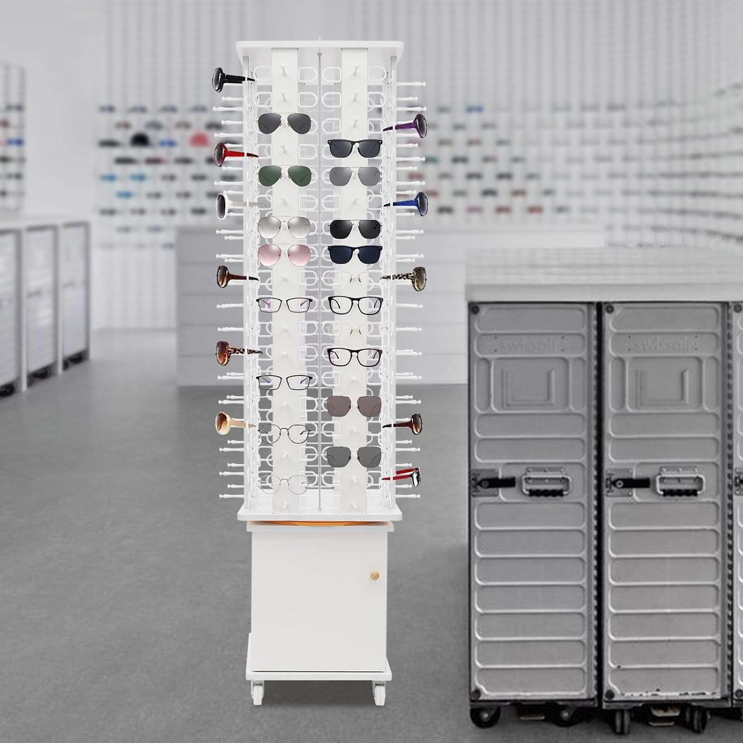 144 Capacity Eyeglass Display Stand 360° Rotating Sunglasses Rack Organizer Holder with Base Square Freestanding Countertop Spinner for Retail Boutique (White, 144 Pairs)