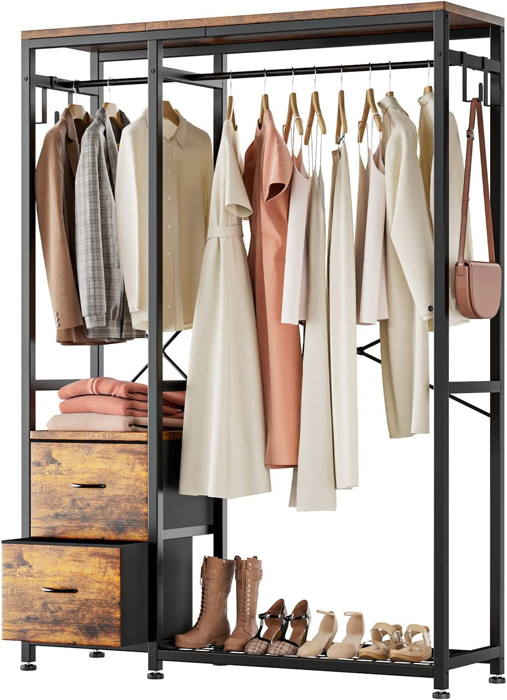 Lulive Clothes Rack with 2 Rods, Shelves, Drawers & Hooks, Garment Rack | Clothes rack with 2 hanging rods (50lbs each), 2 shelves, 2 fabric drawers & 4 hooks. 300lb total capacity. Fits small spaces