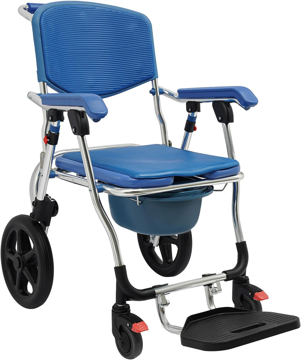 Adjustable Shower Commode Wheelchair, 275lbs Capacity Aluminum Shower Chair, Padded Seat & Commode Opening - Portable Bathroom Wheelchair for Adults, Elderly, Patient Home Care