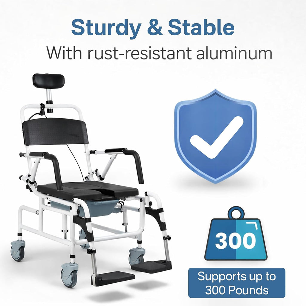 Eosprim Reclining Shower Chair with Wheels, Shower Wheelchair for Elderly and Disabled, Rolling Shower Chair with Commode, Bariatric Bathroom Wheelchair for Shower Use