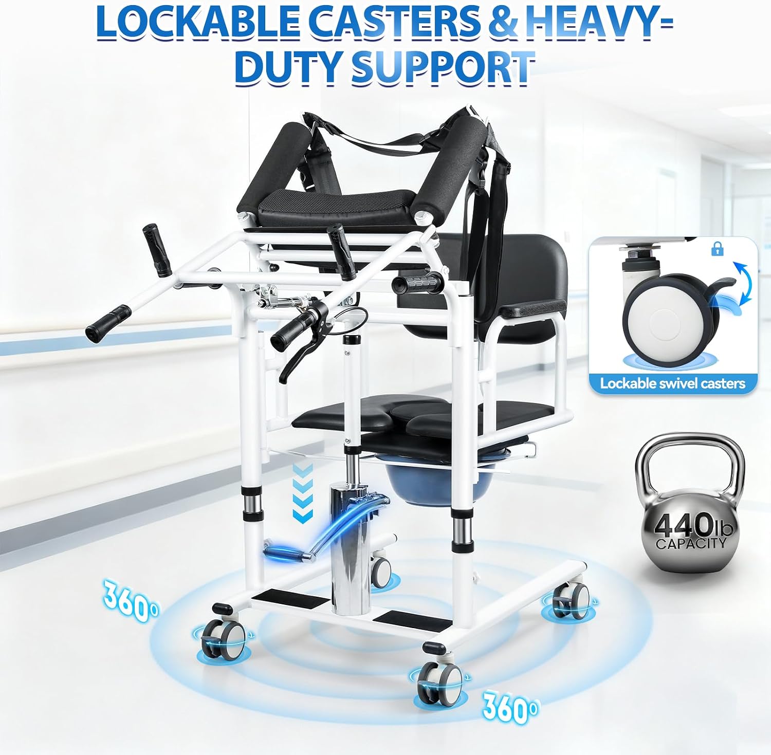 Patient Lift Transfer Chair - Heavy Duty Shower Commode Chair with Toilet Safety Frame (Dual A - Black & Rack)