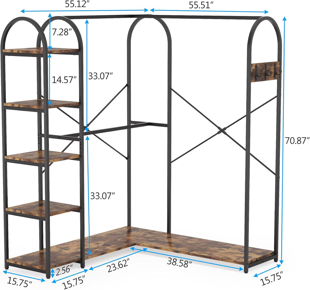 Tribesigns L Shape Clothes Rack, Corner Garment Rack with Storage Shelves and Hanging Rods, Space-Saving Large Open Wardrobe Closet for Bedroom