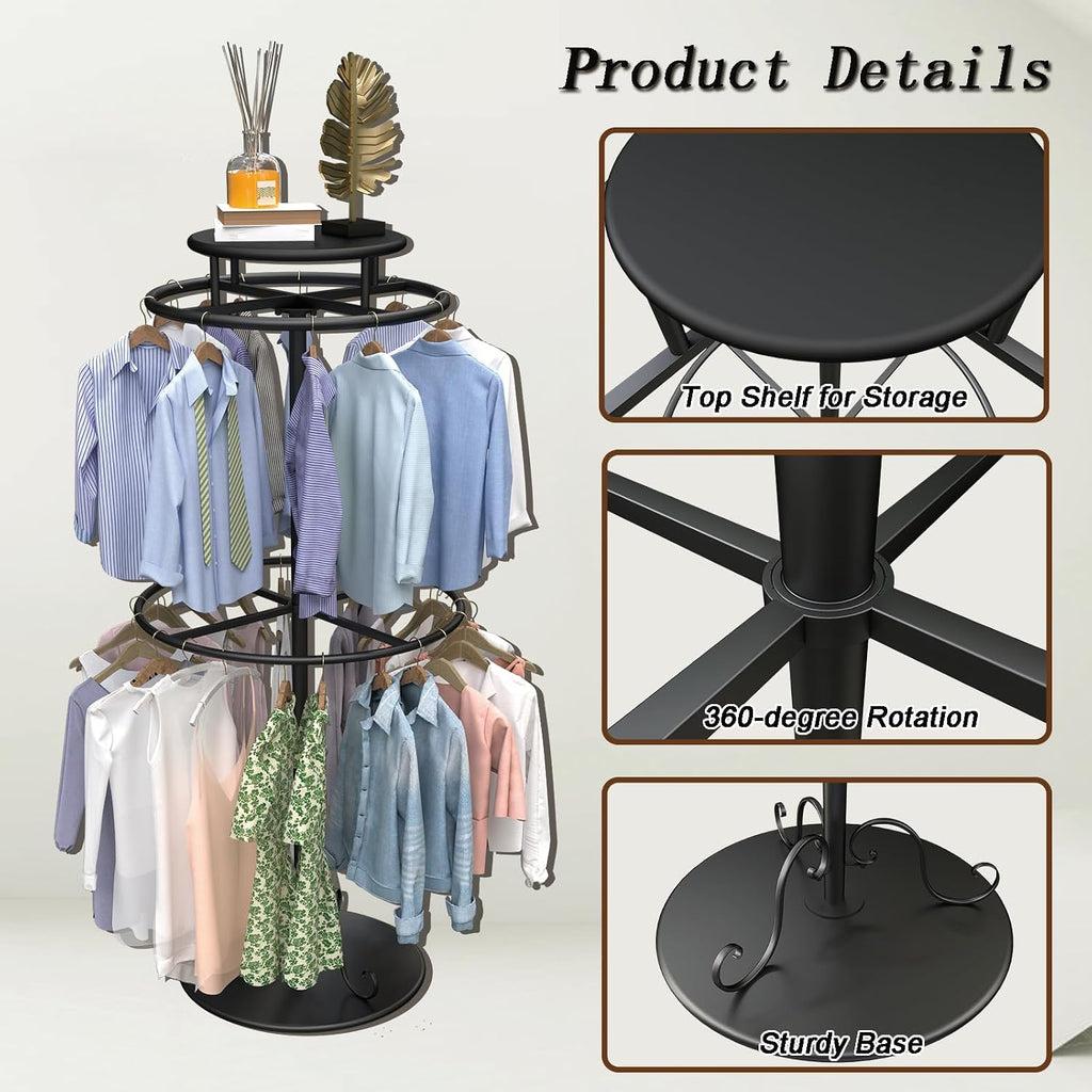 Round Clothes Rack, Childrens Clothing Display Circular Clothes Rack, Rotatable Black Tier Rack with Retail Display Table, Round Garment Rack Kids Clothing Display for Boutiques (BLACK, 55.1'/140cm)
