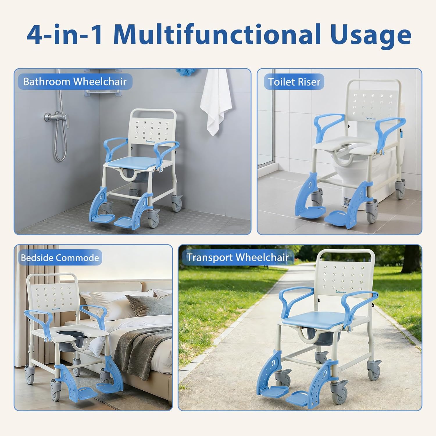 4-in-1 Bedside Commode Chair for Elderly, Rolling Shower Chair with Drop Arms & Lockable Wheels, Anti-Tilt Heavy Duty Waterproof Shower Wheelchair, 350lbs Capacity (Blue)
