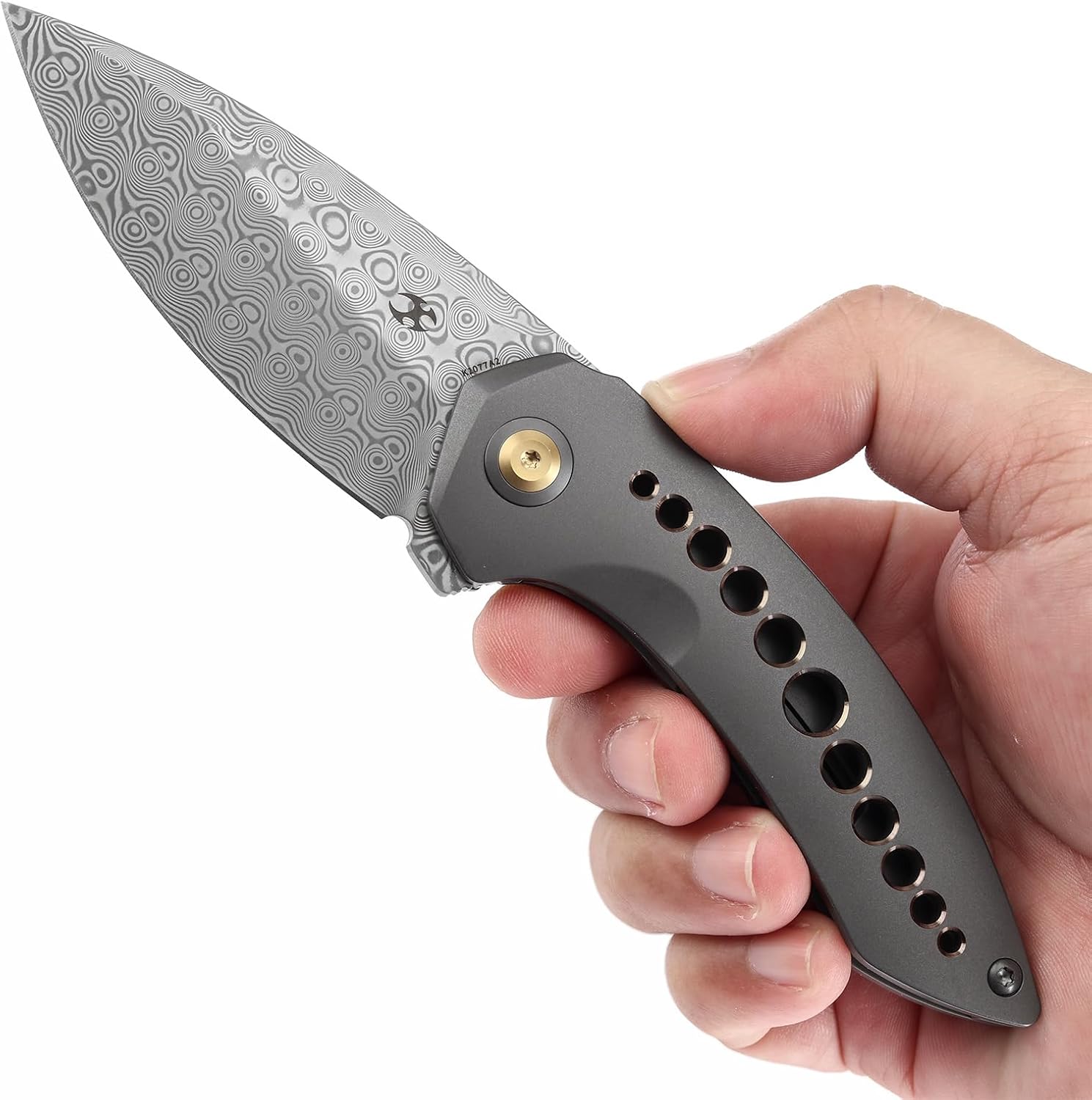 KANSEPT ODD 21 Pocket Folding Knives for Camping Hiking Folding Knife 3.06'' Damascus Blade EDC Knife with Grey Anodized Titanium with Bronze Holes Handle for Men and Women Everyday Carry K1077A2