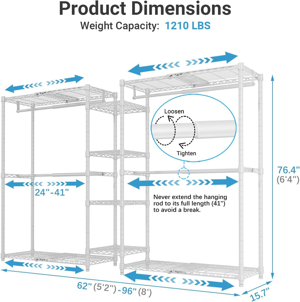 VIPEK X3 Expandable Heavy Duty Clothes Rack Adjustable from 5'2' to 8' with Flexible Shelves and Hanger Rods, Large Freestanding Clothing Racks for Hanging Clothes, Max Load 1210LBS, White