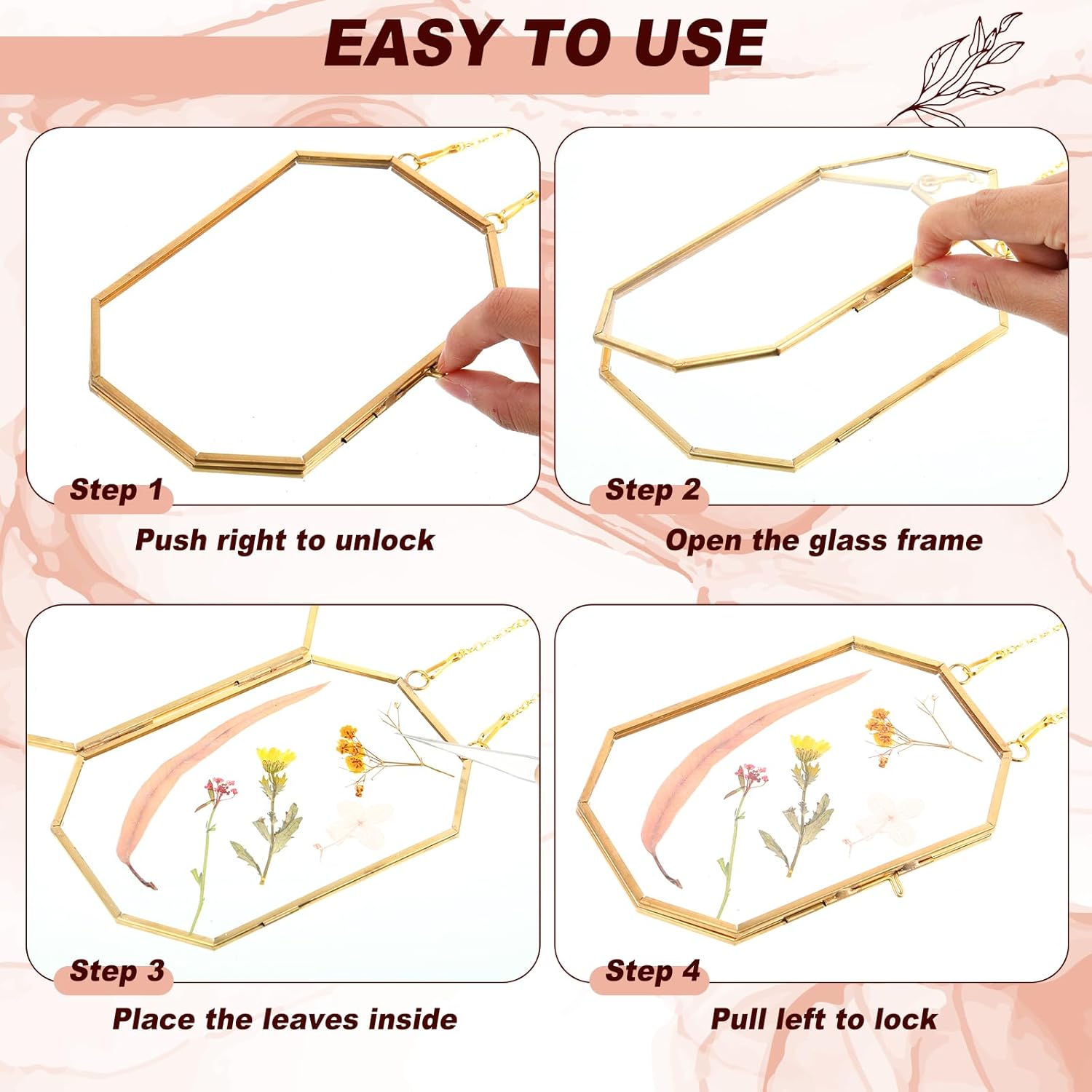 Soaoo 24 Pcs Brass Glass Frame for Pressed Flowers with Chain Clear Double Glass Floating Artwork Display Frame for Wall Decor with Dried Plant Leaf, 6 Shapes (Gold)