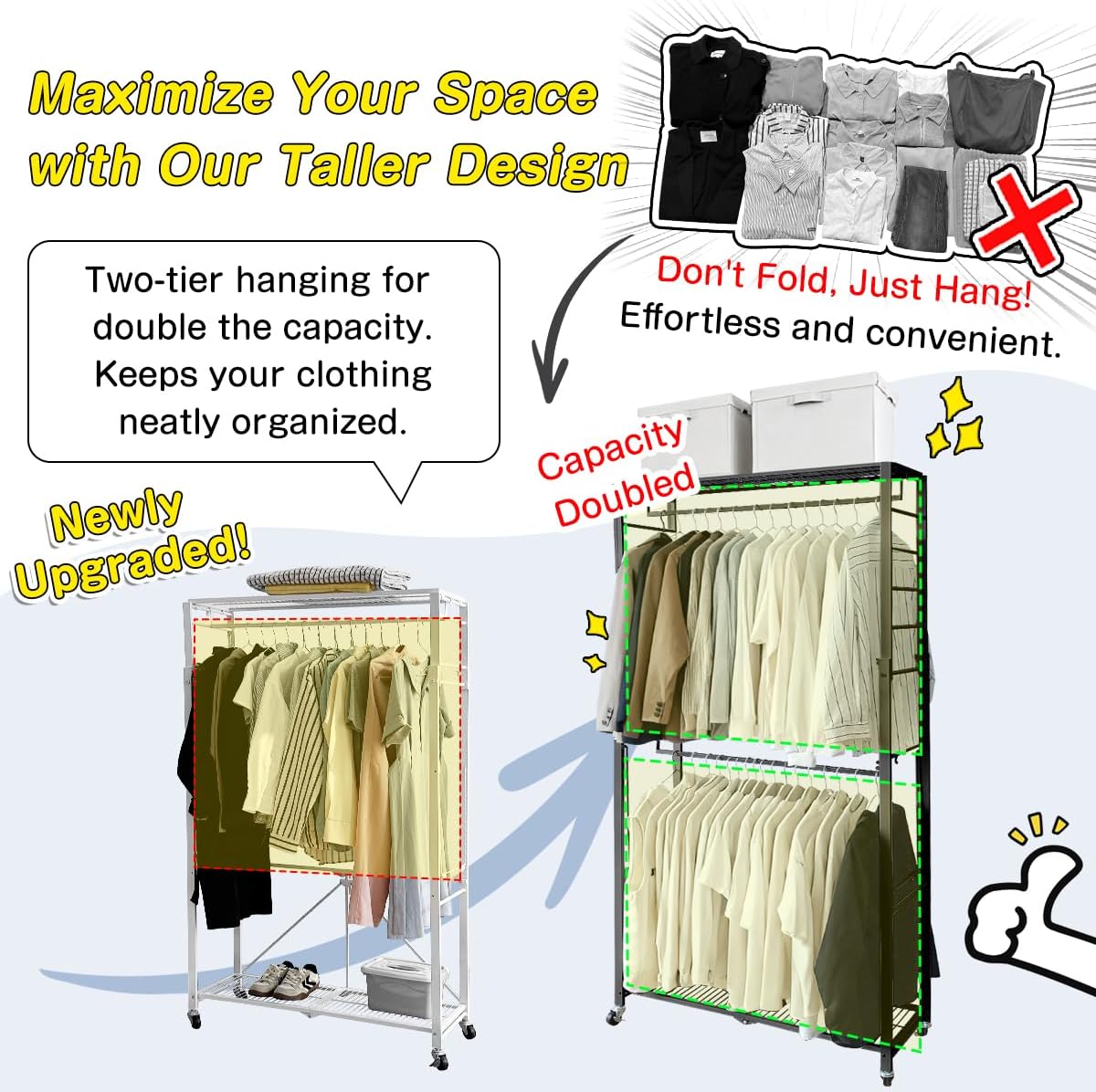 lumizone Folding Clothing Rack with Wheels Expandable Wardrobe Portable Clothes Rack for Hanging Clothes Adjustable Closet Shelves Garment Rack Durable Closet Racks for Hanging Clothes (Pro White)