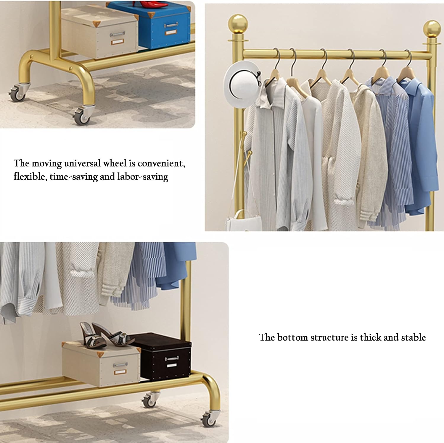 Gold Rolling Garment Rack with Wheels & Shelf - Stylish Clothes Rail for Bedroom, Living Room & Retail Display - 100x40x155CM, Versatile Coat Storage Solution