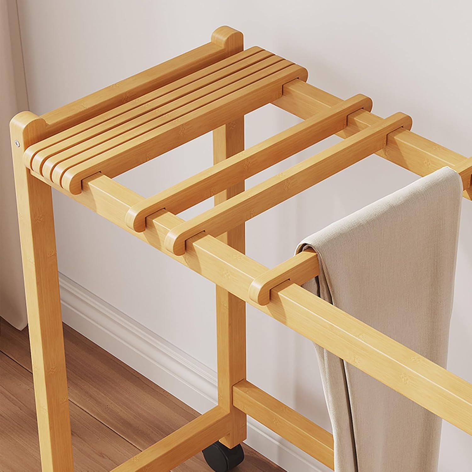 Natural Wood Rolling Garment Rack with Wheels – Freestanding Metal Closet for Skirts, Scarves & Jeans – Perfect for Bedroom & Laundry Room Organization
