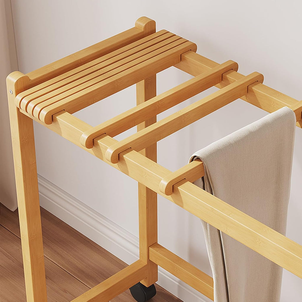 Natural Wood Rolling Garment Rack with Wheels - Freestanding Metal Clothes Organizer for Bedroom, Laundry Room, and Closet - Perfect for Trousers, Skirts, and Scarves Storage