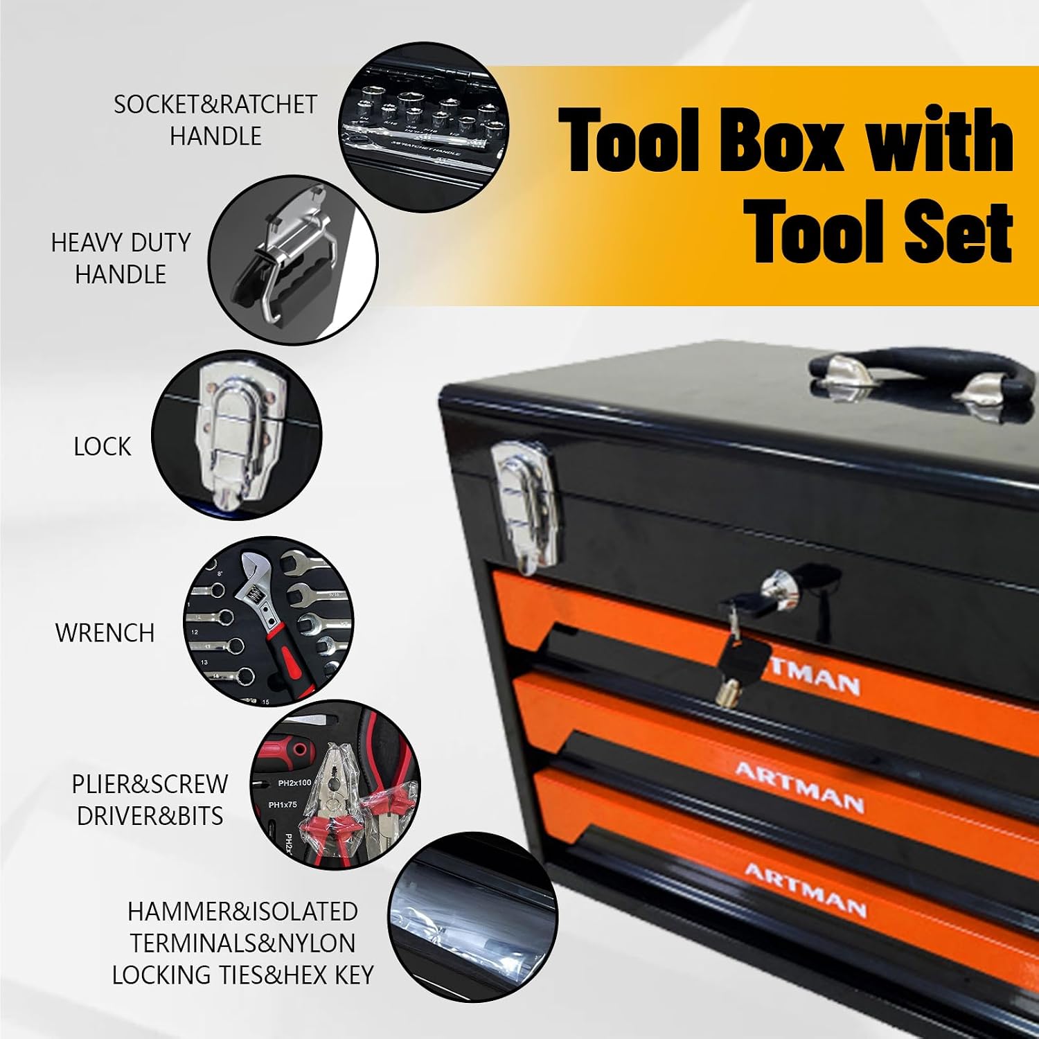 439 Piece Tool Set with Tool Box, 3-Drawer Toolbox Storage Case with Lock Portable Tool Chest with Tool Set General Household Tool Storage Organizer for Garage Workshop, Balck + Orange
