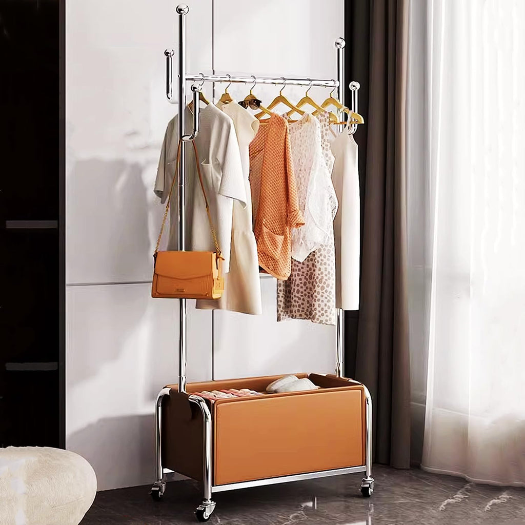 Heavy Duty Rolling Garment Rack with Wheels, Clothes Rack with Leather Storage Bag and Side Hooks, Freestanding Wardrobe Storage Rack Metal Clothing Rack, Brown