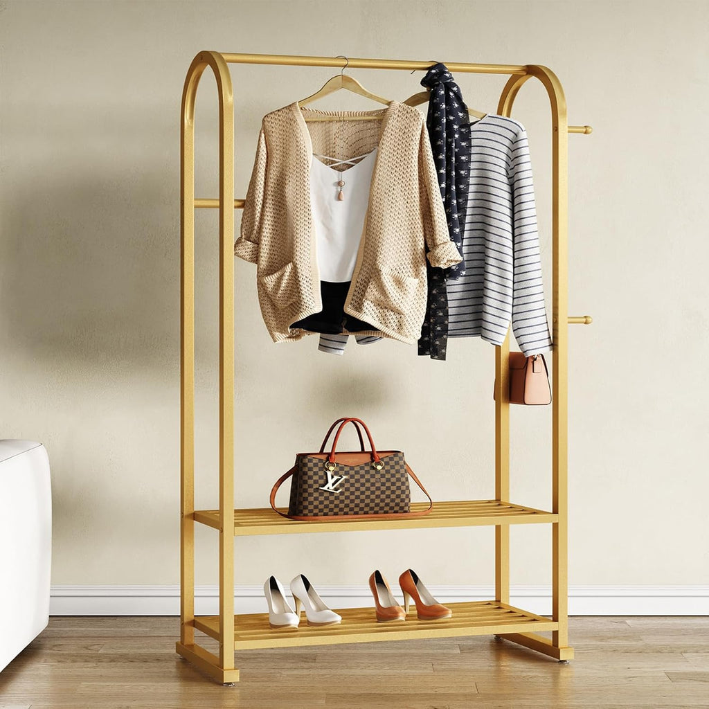 Gold Clothing Rack with 2 Shelves and Side Hooks,Freestanding Metal Garment Rack for Hanging Clothes,Heavy Duty Clothes Rack with Shoe Storage,Modern Clothing Rack for Bedroom,Entryway,Closet