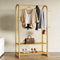 Gold Clothing Rack with 2 Shelves and Side Hooks,Freestanding Metal Garment Rack for Hanging Clothes,Heavy Duty Clothes Rack with Shoe Storage,Modern Clothing Rack for Bedroom,Entryway,Closet