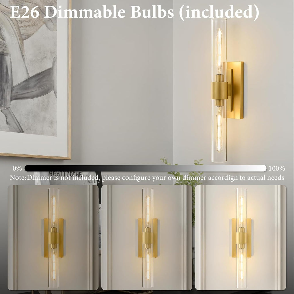 Gold Brass Bathroom Wall Sconce - Set of 2 Modern Long Linear Dimmable Sconces - Clear Glass Tube Vanity Light - Vertical or Horizontal Mounted Lighting Fixture for Indoor Bedroom Living Room Hallway