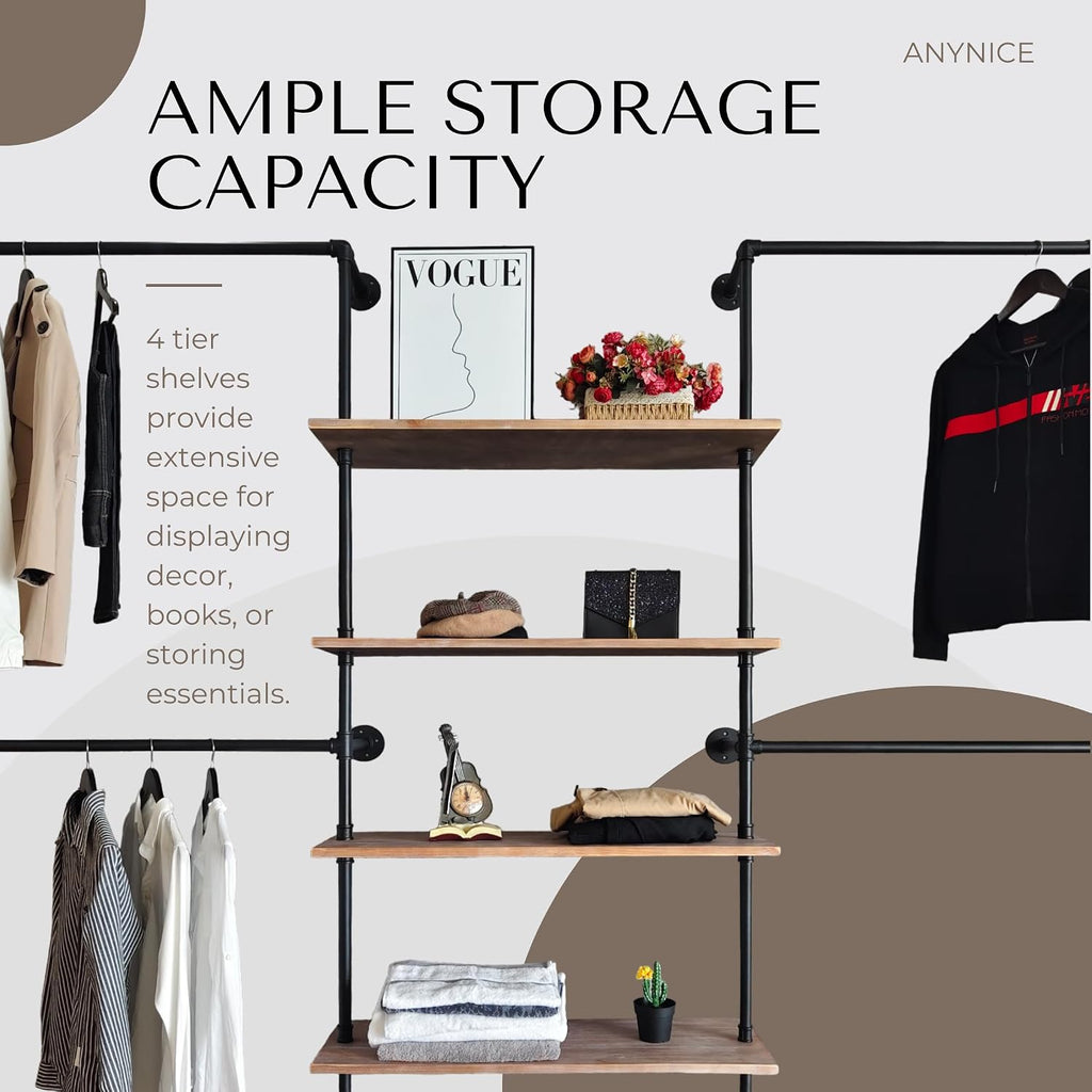Industrial Pipe Clothing Rack Wall Mounted, DIY Custom Closet System with Shelves, Heavy Duty Garment Hanging Rack for Walk in Closet, Laundry Room, Retail Display, 14.6x122.8x82.7 in, Y05