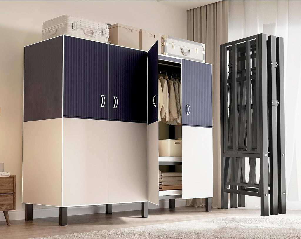 71in Heavy Duty Portable Closet with Cover, 1500lbs Foldable Covered Metal Clothing Wardrobe Closet System, Heavy Duty Garment Rack for Hanging Clothes, for Bedroom, Apartment, Rental Property,Blue