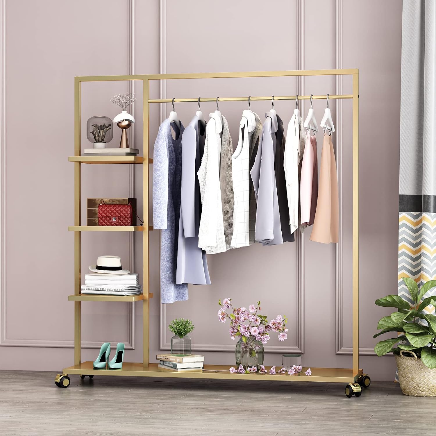 Gold Clothing Racks with Shelf, Boutiques Retail Display Gold Clothes Rack, Multiple Uses Heavy Duty Garment Rack for Hanging Rods for Home and Retail