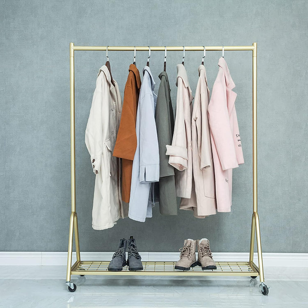 Garment Rack Portable Rolling Garment Rack with Wheels，Nordic Modern Metal Hanging Clothes Rail and Display Clothing Rack， Single Rod Coat Rack for Bedroom Office Indoor(Size:120x40x155CM,Color:Gold)