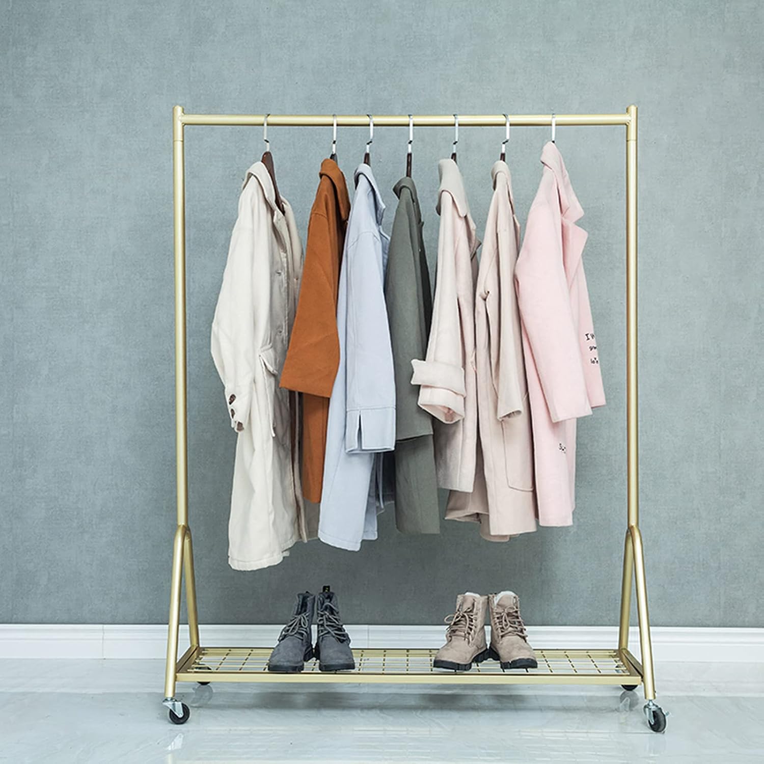 Garment Rack Portable Rolling Garment Rack with Wheels，Nordic Modern Metal Hanging Clothes Rail and Display Clothing Rack， Single Rod Coat Rack for Bedroom Office Indoor(Size:120x40x155CM,Color:Gold)