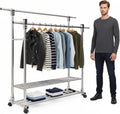 YSUEFIJO Mobile Stainless Steel Laundry Hanger, Double Bars Telescopic Extendable Clothes Drying Rack, Foldable Clothes Organizer, Garment Rack with Wheels, Indoor Outdoor Use