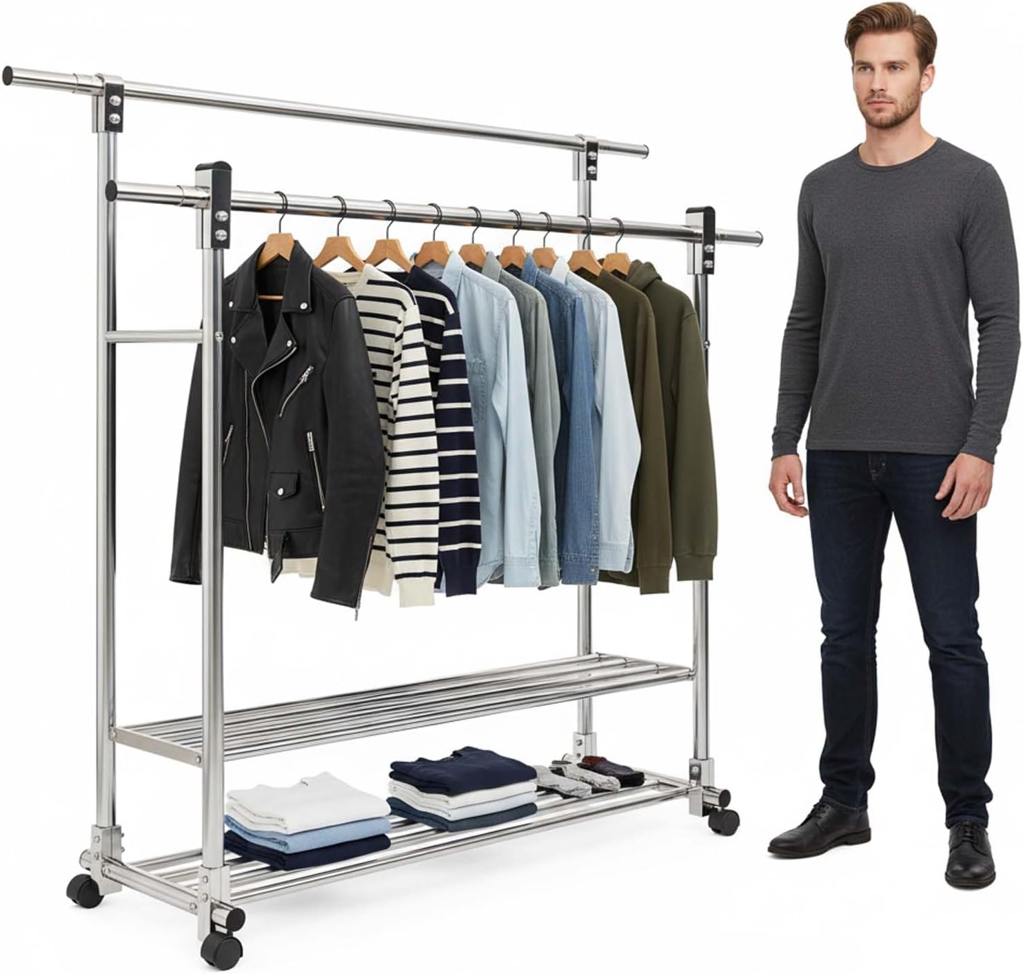 YSUEFIJO Mobile Stainless Steel Laundry Hanger, Double Bars Telescopic Extendable Clothes Drying Rack, Foldable Clothes Organizer, Garment Rack with Wheels, Indoor Outdoor Use