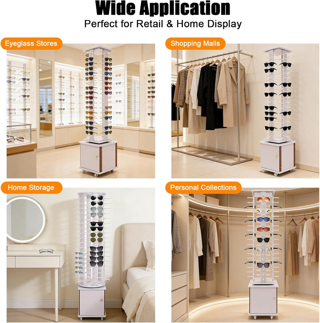 360° Rotating Wooden Sunglasses Display Stand, Holds 72 Pairs, Sleek Retail Organizer for Eyewear, Ideal for Store Showcases and Commercial Use