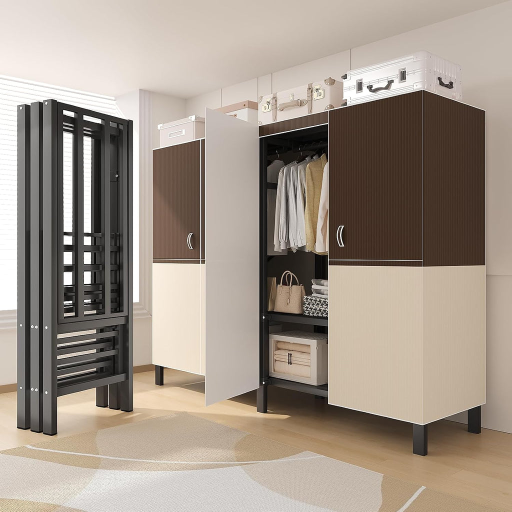 71in Heavy Duty Portable Closet with Cover, 1500lbs Foldable Covered Metal Clothing Wardrobe Closet System, Heavy Duty Garment Rack for Hanging Clothes, for Bedroom,Apartment,Rental Property, Brown