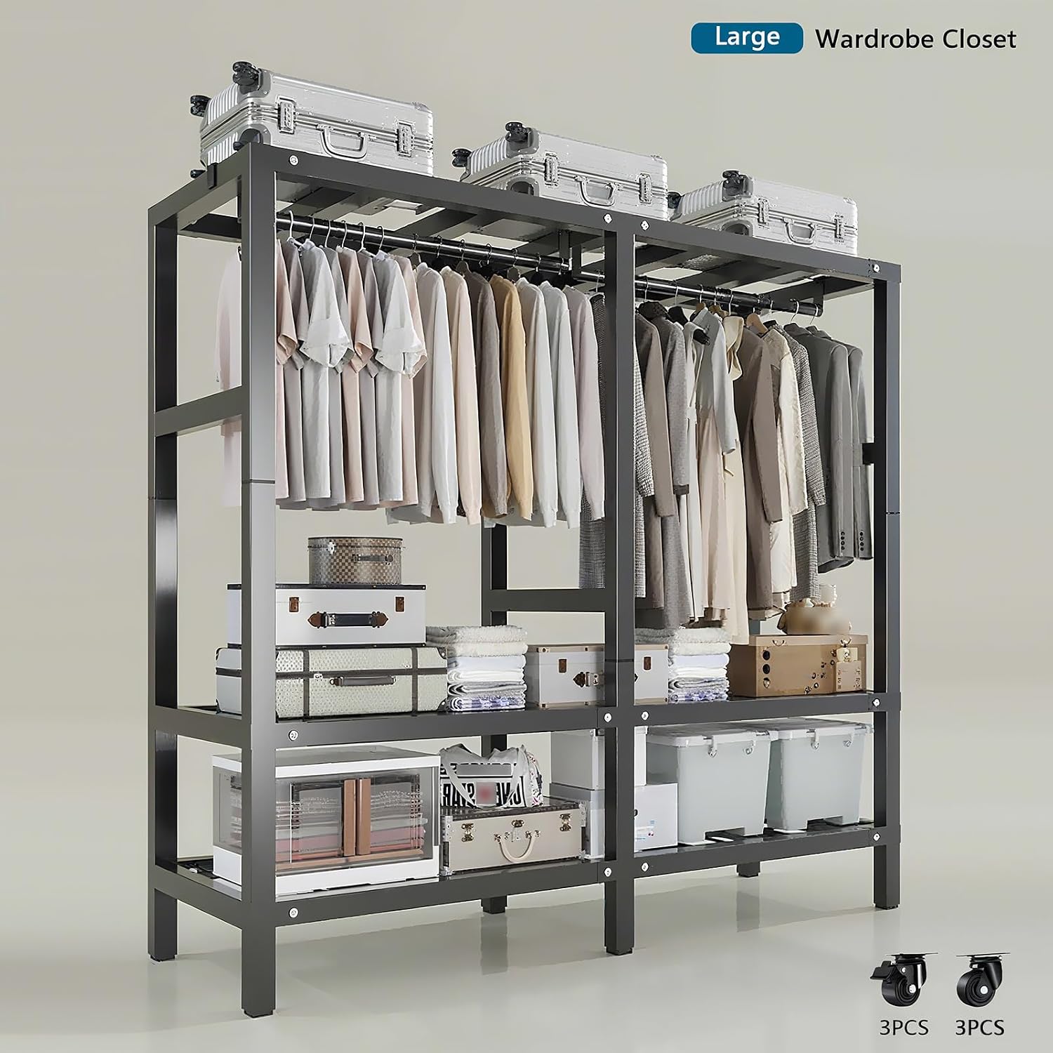 49IN Foldable Portable Armoire Wardrobe Closet for Hanging Clothes Rack, Heavy Duty Covered Clothes Rack with Cover(HARDBOARD Magnetic), Square Tube Black Metal Closet Garment Rack for Bedroom Storage