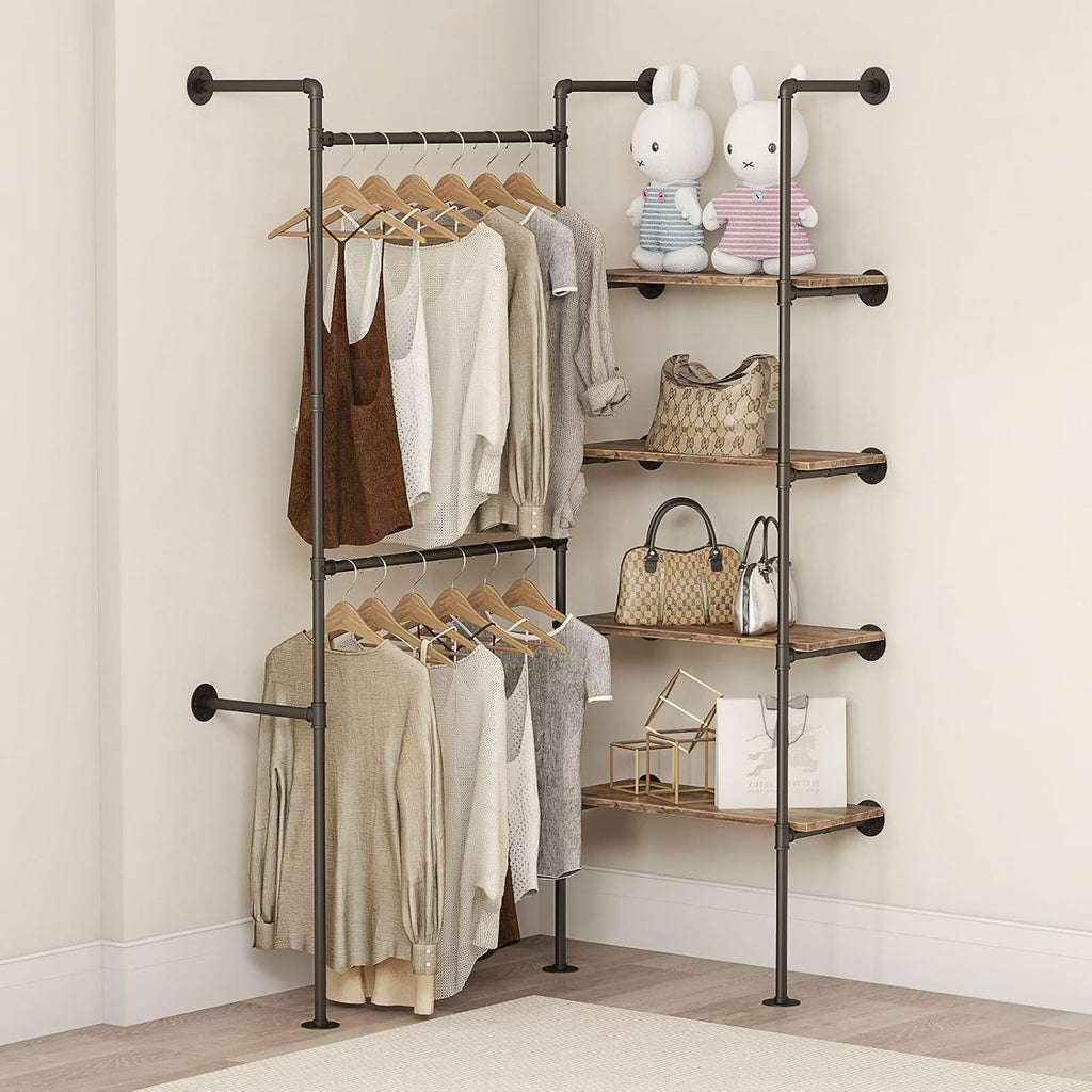 Industrial Pipe Clothing Rack, Heavy Duty Adjustable Garment Hanger with Shelves, 2 Installation Methods Closet Storage System for Wardrobe Organization (Black, 80' H x 55' W)