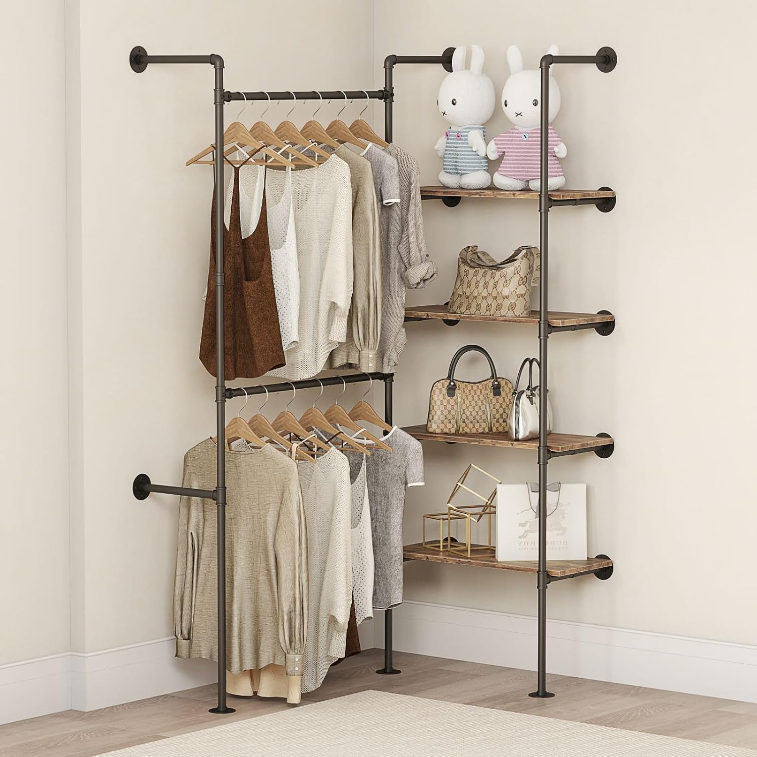 Industrial Pipe Clothing Rack, Heavy Duty Adjustable Garment Hanger with Shelves, 2 Installation Methods Closet Storage System for Wardrobe Organization (Black, 80' H x 55' W)