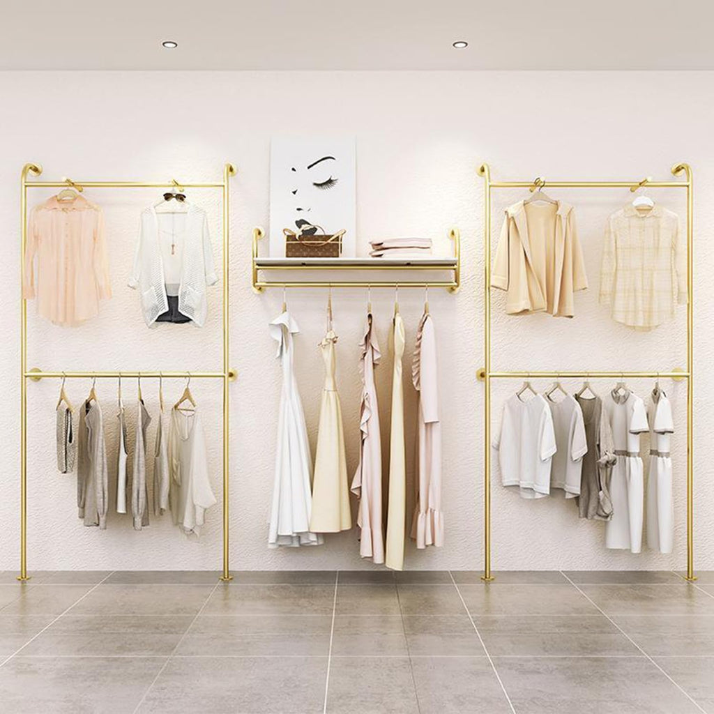 Double Layer Gold Clothes Rack, Wall Mounted Floor Clothing Rack, Heavy Duty Pipe Garment Rack, Metal Clothing Display Stand Rod for Boutique Retail Bedroom,120cm