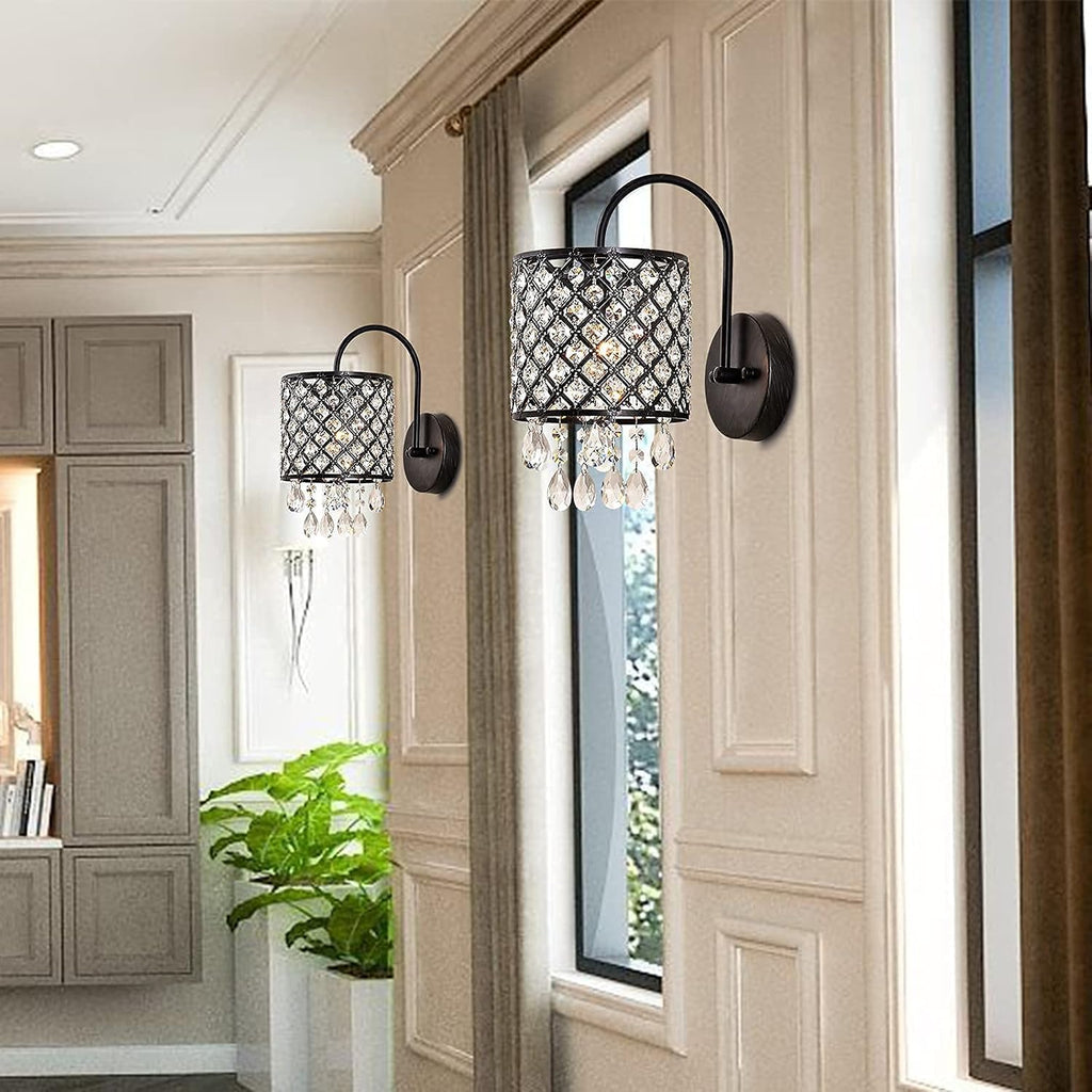 Maxax Crystal Wall Sconce, Modern Indoor Wall Lamp, Vanity Lighting Fixture with Lattice Drum Shade, ETL Listed, for Living Room, Bedroom, Hallway, Bathroom, Antique Black Finish, Set of 2