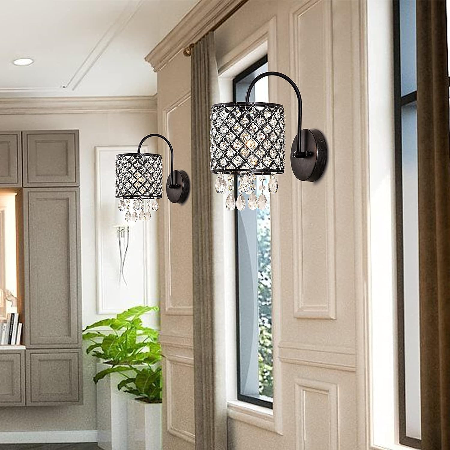 Maxax Crystal Wall Sconce, Modern Indoor Wall Lamp, Vanity Lighting Fixture with Lattice Drum Shade, ETL Listed, for Living Room, Bedroom, Hallway, Bathroom, Antique Black Finish, Set of 2