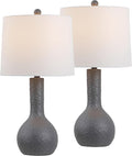 JONATHAN Y 24.75' Gray Modern Table Lamp Set of 2 for Bedroom, Scandinavian Textured Gourd Lamps for Living Room, White Linen Shade, LED Bulbs Included (JYL9207B-SET2)