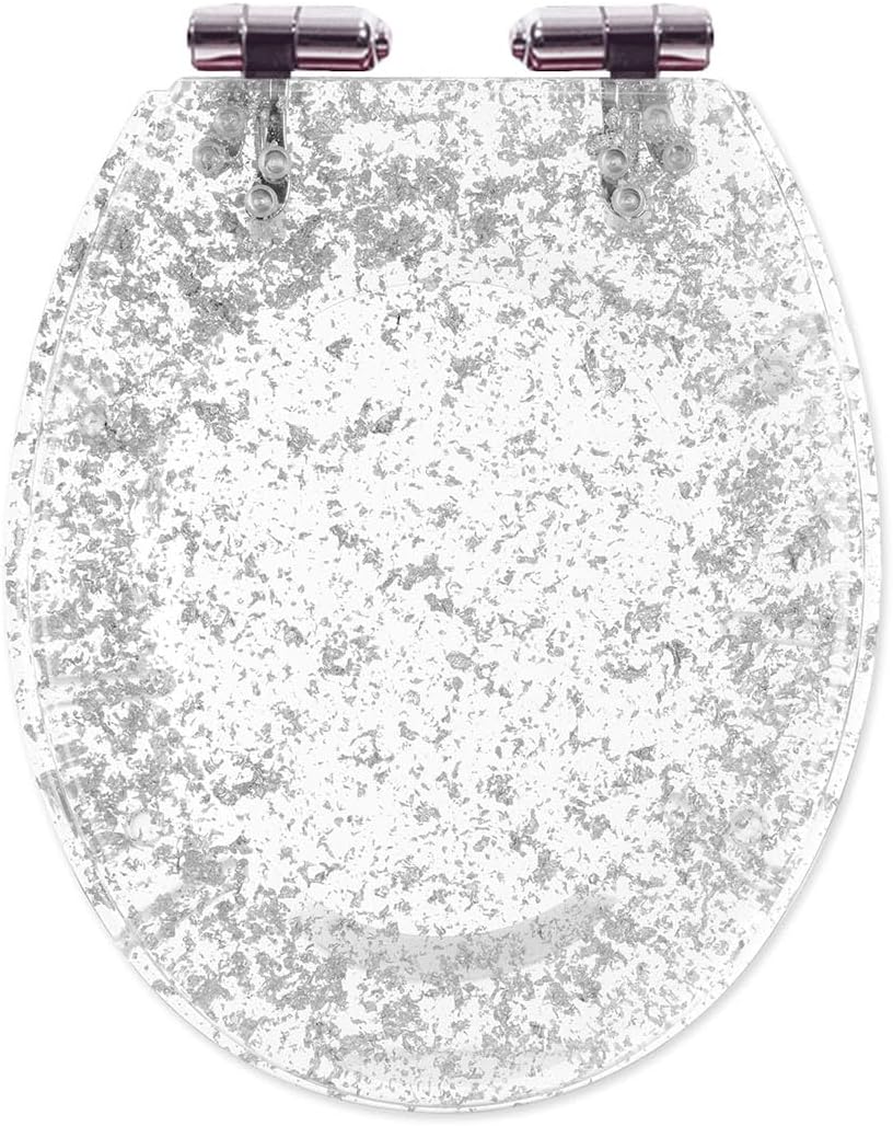 Glitter Toilet Seat Oval 36 * 42cm, Resin Toilet Seat with Quietly Close and Quick Release Hinges, Top Fixing Easy to Install(Silver Leaf)