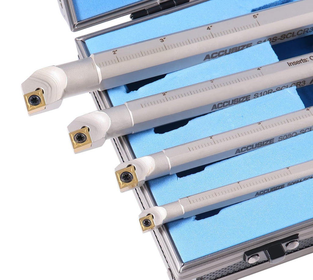 Accusize Sclcr Indexable Boring Bar Set, 3/8', 1/2', 5/8', 3/4' for Steel | 31 Pc Set with 20 TiN Coated CCMT Carbide Inserts, Negative 5° Angle, 45HRC, Torx Screw Retention, P252-S410