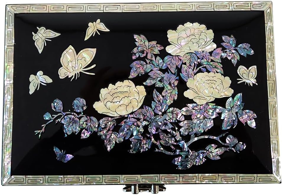 Antique Alive Mother of Pearl Inlay Design Jewelry Box, Wood Jewelry Box, Trinket Case, Keepsake Treasure Chest Box Organizer Holder (Peony Flowers)