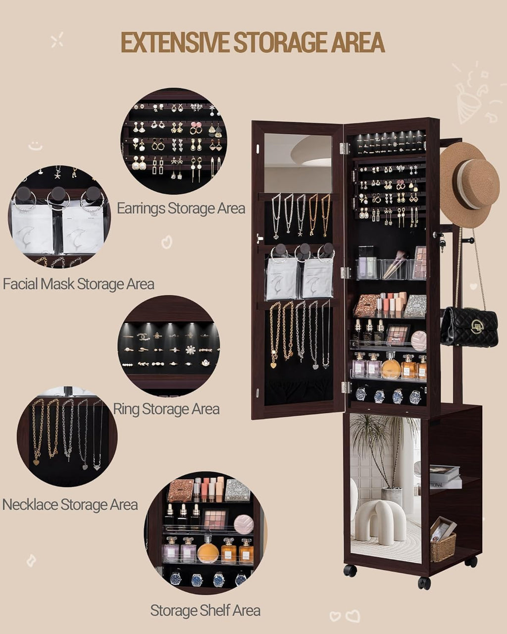 Hzuaneri 8 LEDs Jewelry Cabinet Armoire, 66.9-inch Jewelry Organizer with Garment Rack, Lockable Full-length Mirror with 4 Wheels, Storage Shelves with Hooks, 5-in-1, Brown JC17019B